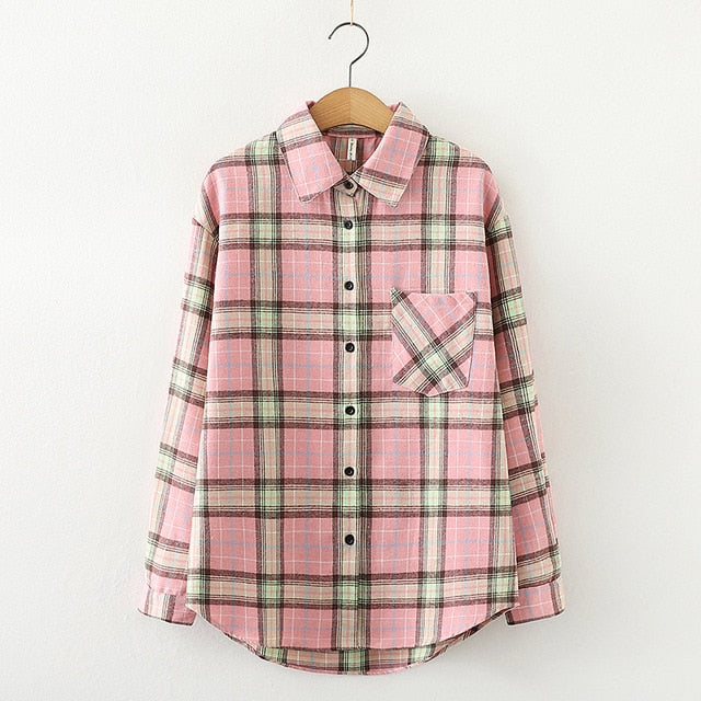 Women Plaid Shirt Chic Checked Blouse Long Sleeve Female Casual Print Shirts Loose Cotton Tops-Dollar Bargains Online Shopping Australia