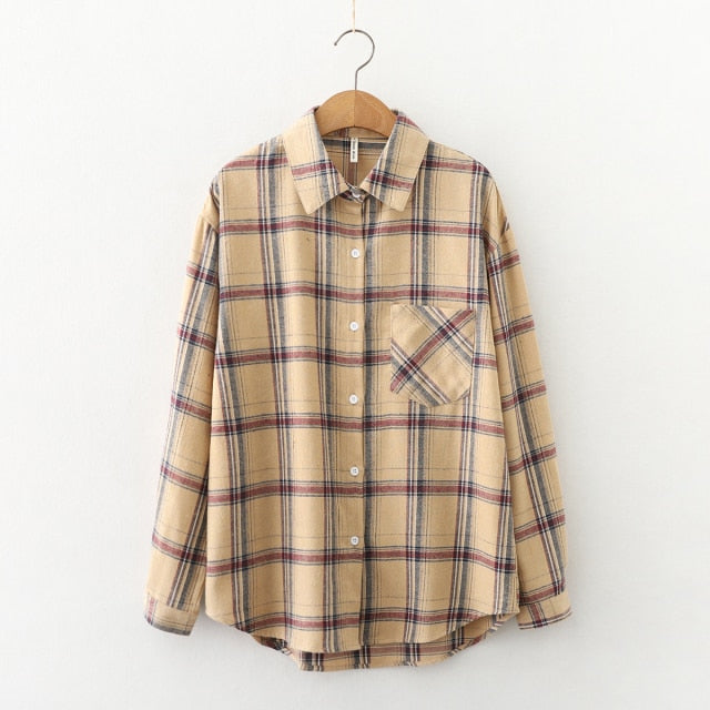 Women Plaid Shirt Chic Checked Blouse Long Sleeve Female Casual Print Shirts Loose Cotton Tops-Dollar Bargains Online Shopping Australia