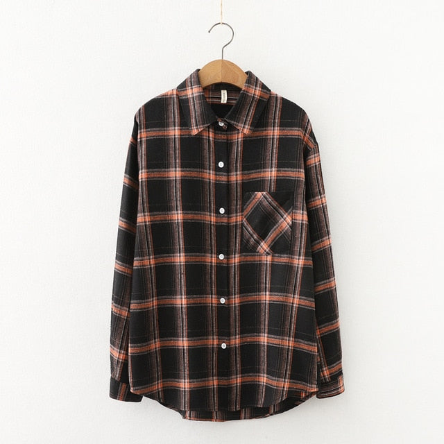 Women Plaid Shirt Chic Checked Blouse Long Sleeve Female Casual Print Shirts Loose Cotton Tops-Dollar Bargains Online Shopping Australia