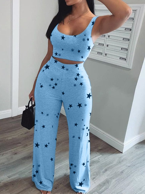 Women Star Print Crop Short Tank Top & Long Pants Set Two Piece Set Women Star Print O-neck Crop Tank Top & Long Pants Set-Dollar Bargains Online Shopping Australia