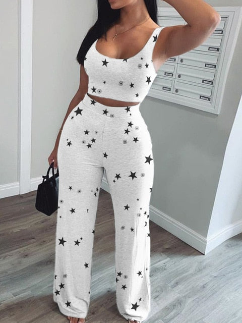 Women Star Print Crop Short Tank Top & Long Pants Set Two Piece Set Women Star Print O-neck Crop Tank Top & Long Pants Set-Dollar Bargains Online Shopping Australia