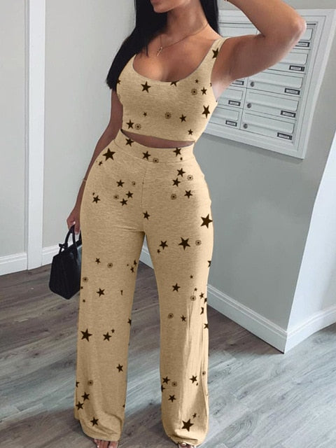 Women Star Print Crop Short Tank Top & Long Pants Set Two Piece Set Women Star Print O-neck Crop Tank Top & Long Pants Set-Dollar Bargains Online Shopping Australia