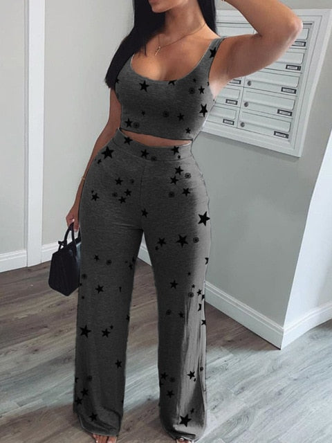 Women Star Print Crop Short Tank Top & Long Pants Set Two Piece Set Women Star Print O-neck Crop Tank Top & Long Pants Set-Dollar Bargains Online Shopping Australia