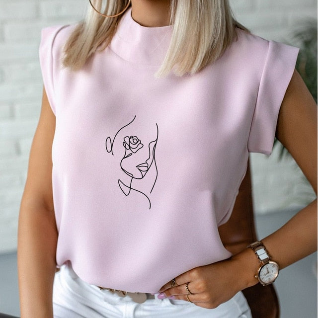 Women's Blouse Thin Abstract Art Rose Face Print O-Neck Short Sleeve White Female Casual Shirt Slim Summer Office Lady Tops-Dollar Bargains Online Shopping Australia