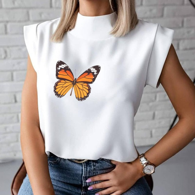 Women's Blouse Thin Abstract Art Rose Face Print O-Neck Short Sleeve White Female Casual Shirt Slim Summer Office Lady Tops-Dollar Bargains Online Shopping Australia