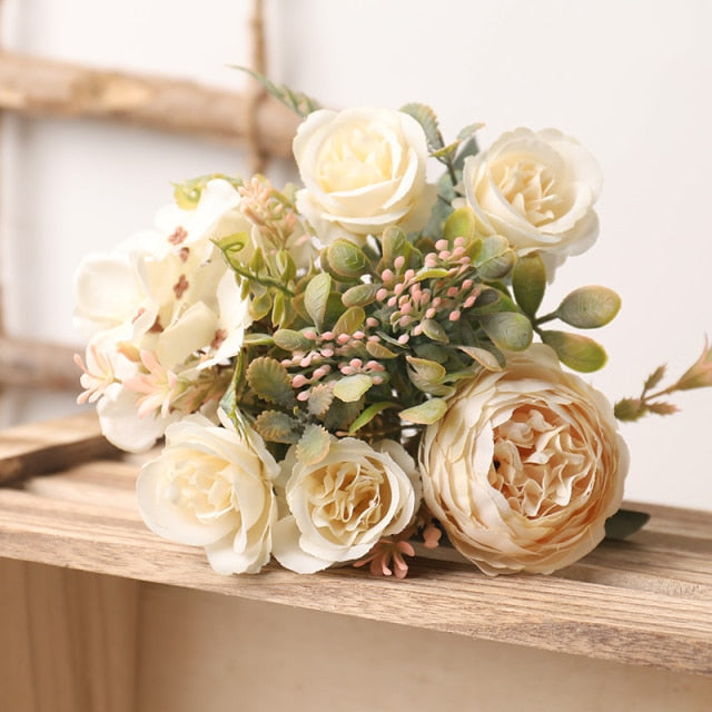 White Silk Artificial Roses Flowers Wedding Home Autumn Decoration High Quality Big Bouquet Luxury Fake Flower Arrangement Bulk-Dollar Bargains Online Shopping Australia