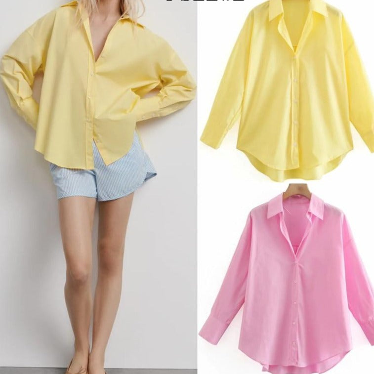 Top Woman Yellow Button Up Shirt Women Long Sleeve Spring Office Blouse Female Asymmetric Hem Chic Pink Shirt-Dollar Bargains Online Shopping Australia