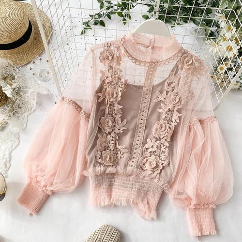 Women Tops Sheer Lace Blouse Lantern Sleeve 3D Floral Blouses Shirts Elegant Top-Dollar Bargains Online Shopping Australia