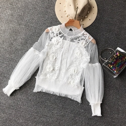 Women Tops Sheer Lace Blouse Lantern Sleeve 3D Floral Blouses Shirts Elegant Top-Dollar Bargains Online Shopping Australia