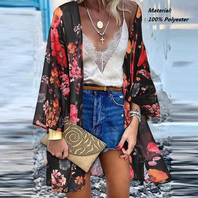 Women Cardigan Summer Open Front Bohemian Floral Printed Blouse Kimono Casual Loose Beach Tops Vintage Long Sleeve-Dollar Bargains Online Shopping Australia