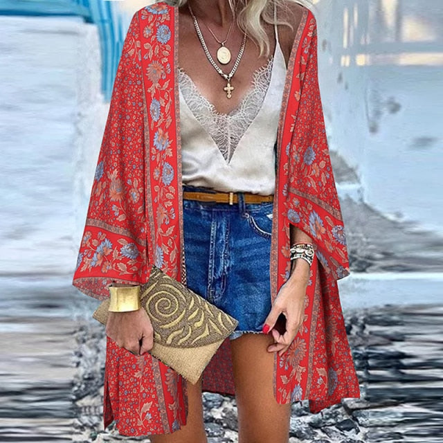 Women Cardigan Summer Open Front Bohemian Floral Printed Blouse Kimono Casual Loose Beach Tops Vintage Long Sleeve-Dollar Bargains Online Shopping Australia