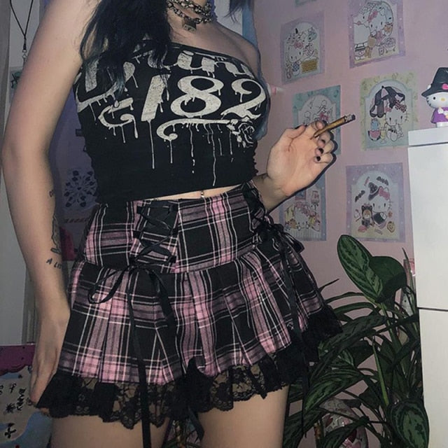 Gothic Lace Mini Pleated Skirt Women Punk Aesthetic High Waist A-Line Short Skirt 90s Vintage Harajuku Streetwear-Dollar Bargains Online Shopping Australia