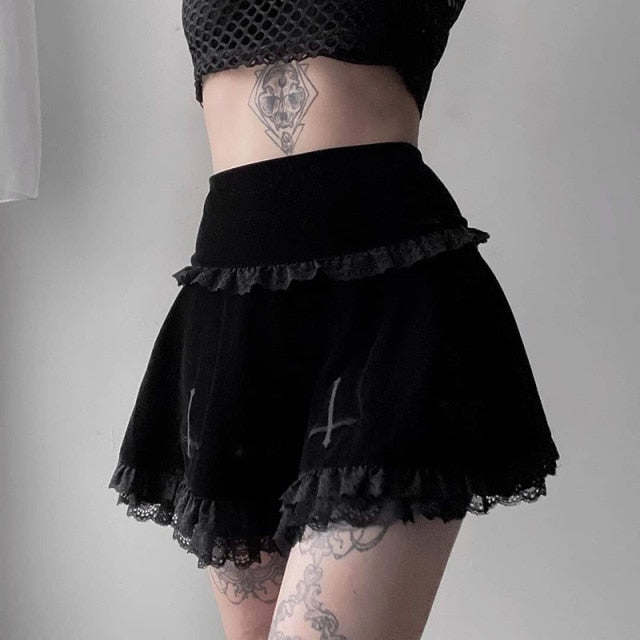 Gothic Lace Mini Pleated Skirt Women Punk Aesthetic High Waist A-Line Short Skirt 90s Vintage Harajuku Streetwear-Dollar Bargains Online Shopping Australia