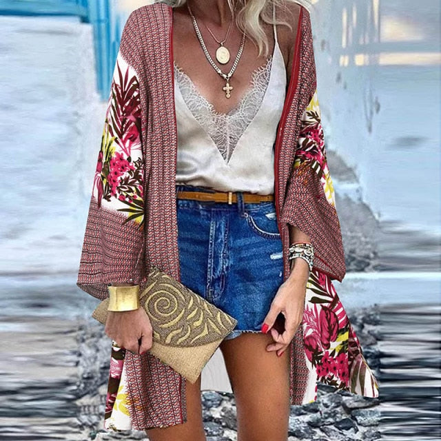 Women Cardigan Summer Open Front Bohemian Floral Printed Blouse Kimono Casual Loose Beach Tops Vintage Long Sleeve-Dollar Bargains Online Shopping Australia