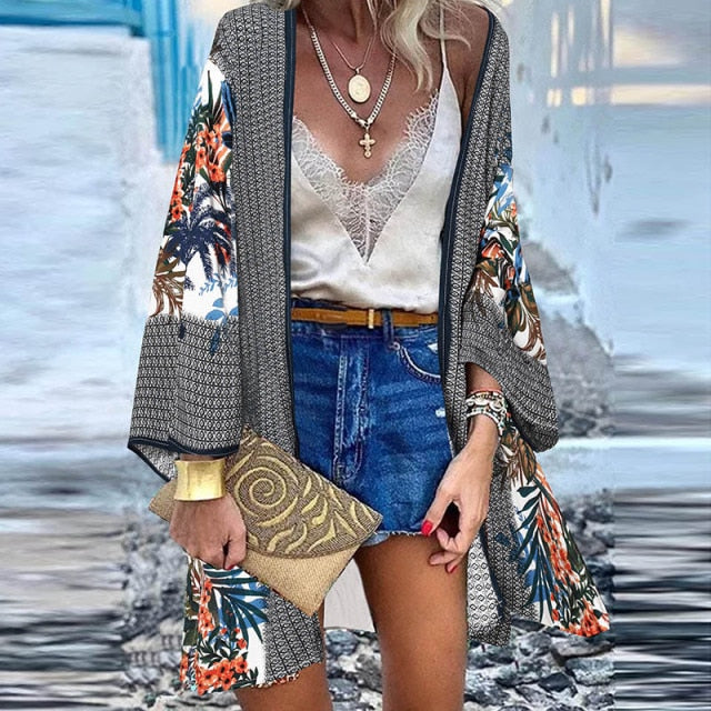 Women Cardigan Summer Open Front Bohemian Floral Printed Blouse Kimono Casual Loose Beach Tops Vintage Long Sleeve-Dollar Bargains Online Shopping Australia