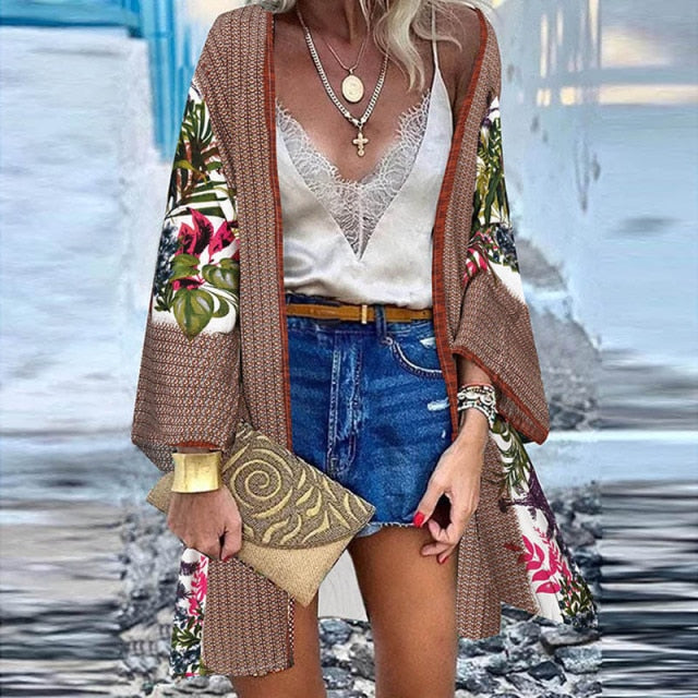 Women Cardigan Summer Open Front Bohemian Floral Printed Blouse Kimono Casual Loose Beach Tops Vintage Long Sleeve-Dollar Bargains Online Shopping Australia