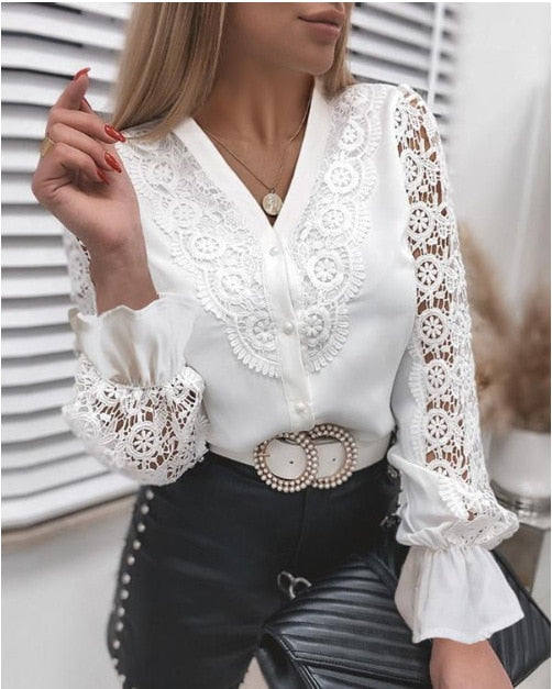 Women Sexy Lace Patchwork Hollow Out Shirt Long Sleeve Crew Neck Button Mesh Design Top White Vintage Shirts-Dollar Bargains Online Shopping Australia