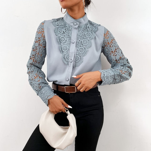 Women Sexy Lace Patchwork Hollow Out Shirt Long Sleeve Crew Neck Button Mesh Design Top White Vintage Shirts-Dollar Bargains Online Shopping Australia