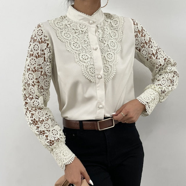 Women Sexy Lace Patchwork Hollow Out Shirt Long Sleeve Crew Neck Button Mesh Design Top White Vintage Shirts-Dollar Bargains Online Shopping Australia