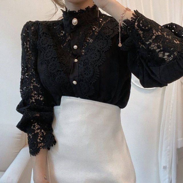 Women Sexy Lace Patchwork Hollow Out Shirt Long Sleeve Crew Neck Button Mesh Design Top White Vintage Shirts-Dollar Bargains Online Shopping Australia