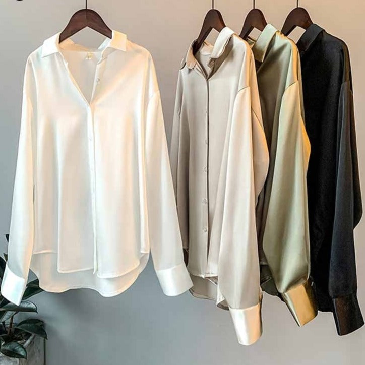 Silk Korean Office Ladies Elegant Shirt Blouse Women Fashion Button Up Satin Shirt Vintage White Long Sleeve Shirts Tops-Dollar Bargains Online Shopping Australia