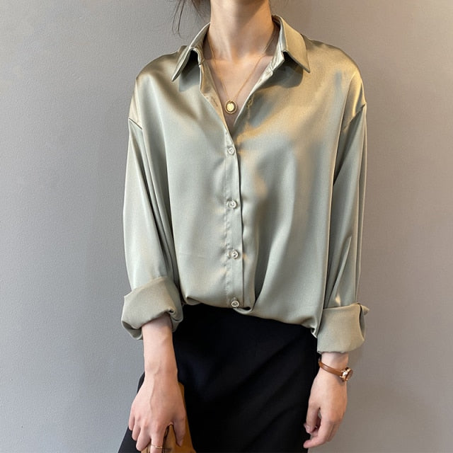 Silk Korean Office Ladies Elegant Shirt Blouse Women Fashion Button Up Satin Shirt Vintage White Long Sleeve Shirts Tops-Dollar Bargains Online Shopping Australia