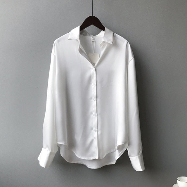 Silk Korean Office Ladies Elegant Shirt Blouse Women Fashion Button Up Satin Shirt Vintage White Long Sleeve Shirts Tops-Dollar Bargains Online Shopping Australia