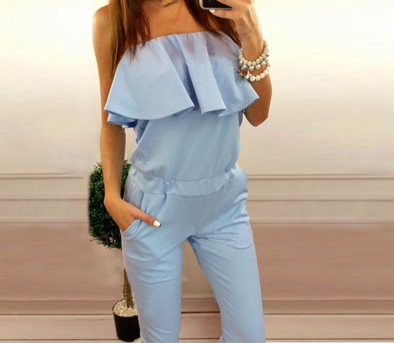 Sexy Rompers Womens Jumpsuit Strapless Elegant Jumpsuit Pink/Blue Ruffles Combinaison Femme Playsuit Overalls Monos-Dollar Bargains Online Shopping Australia