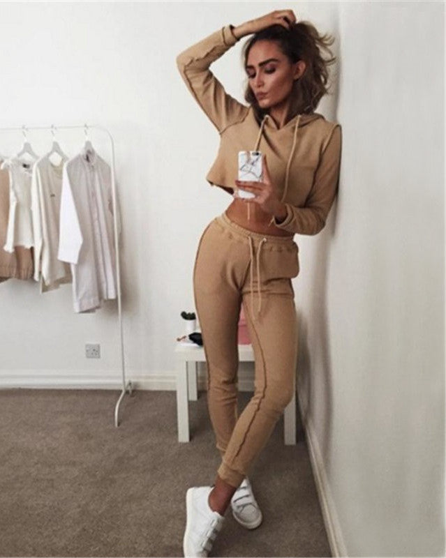 Autumn Tracksuit Women Hoodies 2-Piece Set Khaki/Black (Hooded Sweatshirt+Long Pants) Leisure Suits-Dollar Bargains Online Shopping Australia