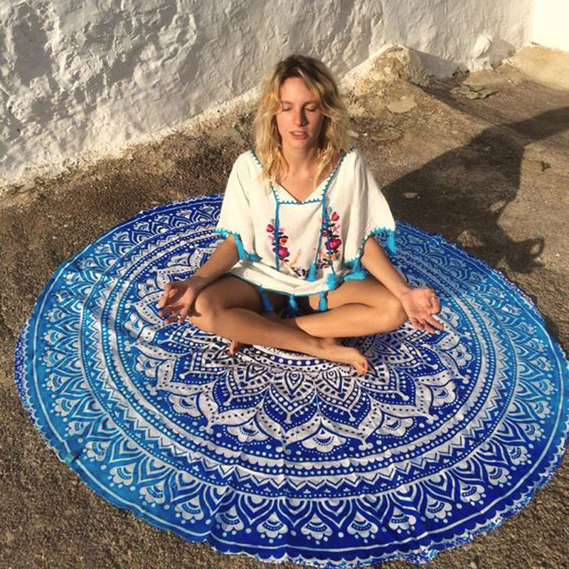 Indian Blue Round Mandala Yoga Mat Wall Hanging Boho Beach Throw