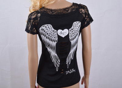 Fashion Women's T shirt Back Hollow Angel Wings T-shirt Tops Summer Style Woman Lace Short Sleeve Tops T shirts Clothing-Dollar Bargains Online Shopping Australia