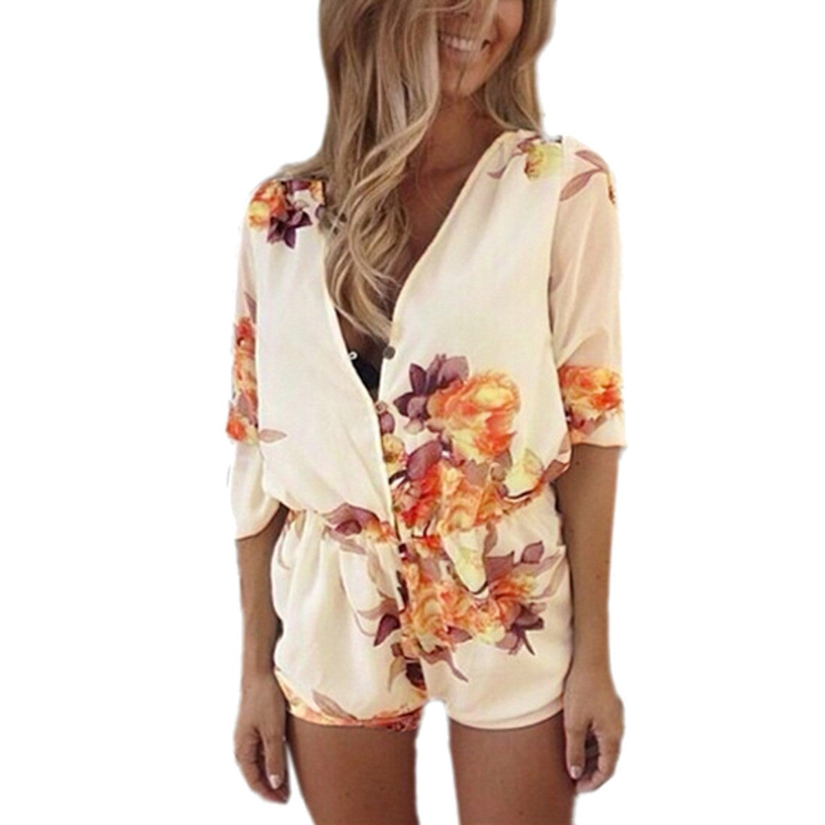 Women Spring Summer Short Loose Jumpsuits Flower Printing Playsuit Casual V Neck Rompers Bodysuit Overall Plus Size-Dollar Bargains Online Shopping Australia