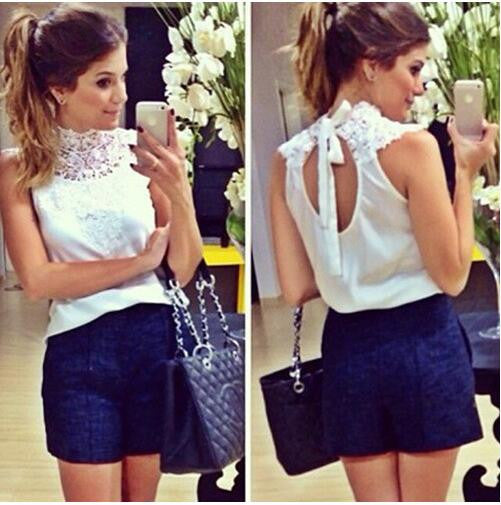 Fashion women White lace blouse sleeveless backless shirt-Dollar Bargains Online Shopping Australia