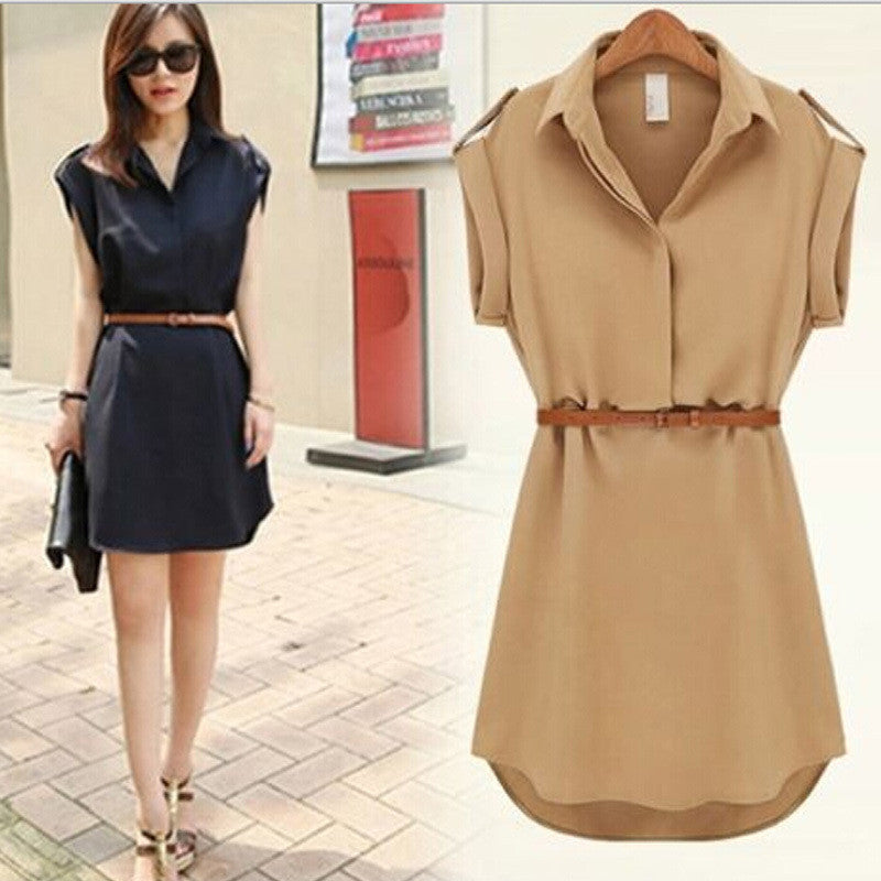 Womens dress summer Short A-Line solid Plus Size chiffon casual dresses with belt for Party Beach Office summer style-Dollar Bargains Online Shopping Australia