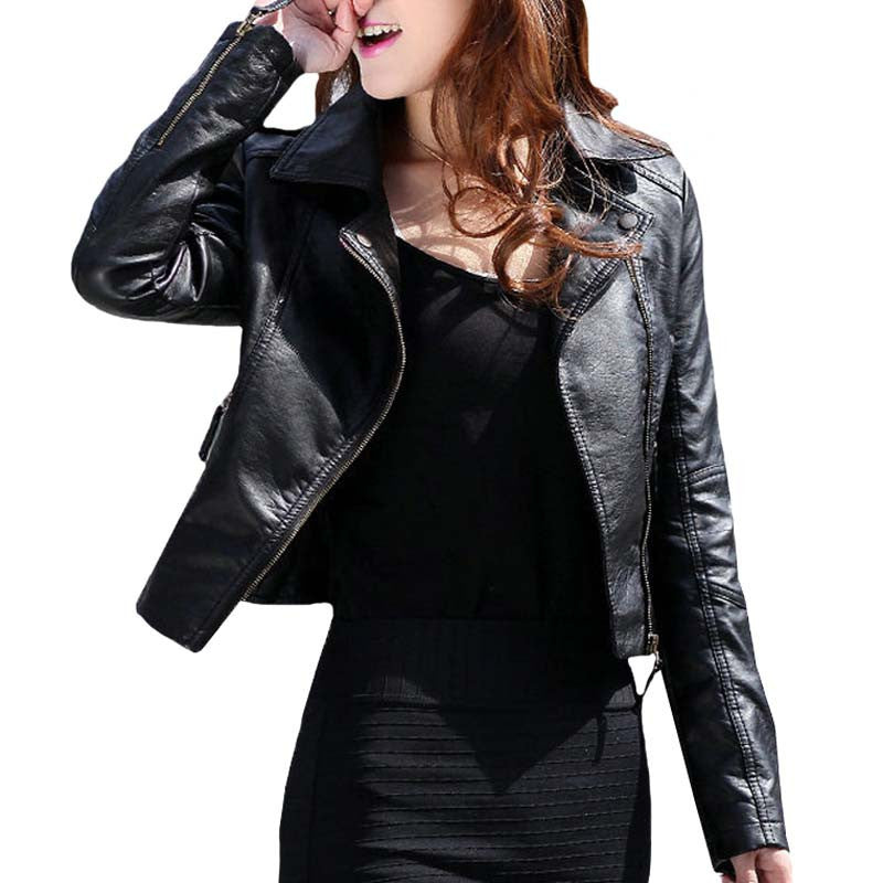 Spring Autumn Women Leather Jacket Oblique Zipper Motorcycle Trendy Casual Faux Leather Coat WWP109-Dollar Bargains Online Shopping Australia